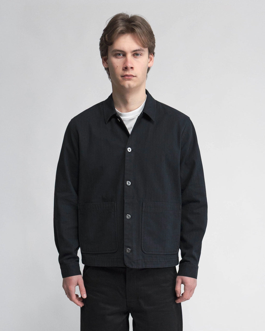 Anderson Chore Coat in black, front view — 300gsm cotton herringbone twill