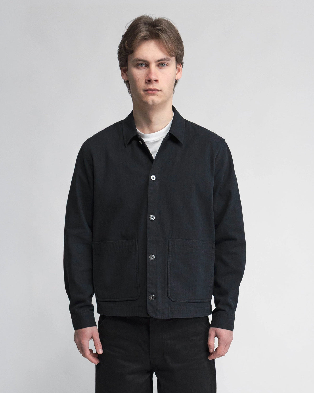 Anderson Chore Coat in black, front view — 300gsm cotton herringbone twill