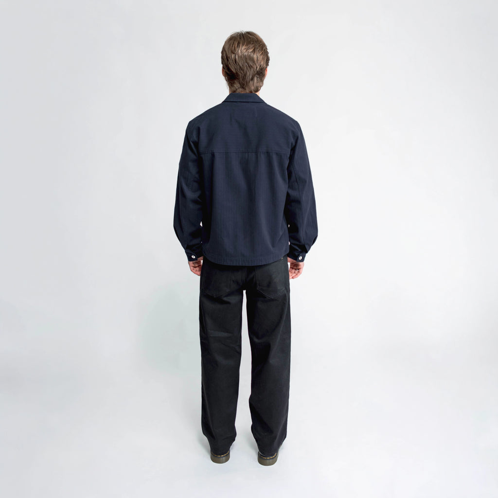 Anderson Chore Coat in navy, back view with back yoke