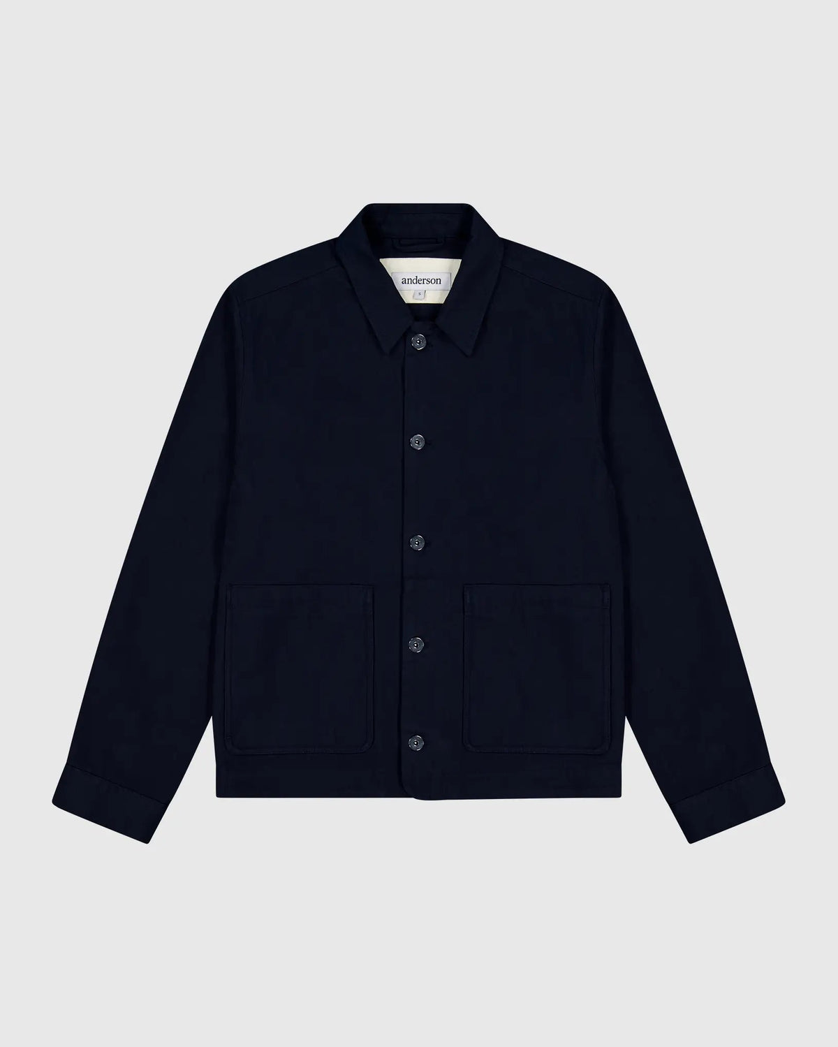 Anderson Chore Coat in navy, flat lay — 300gsm herringbone twill