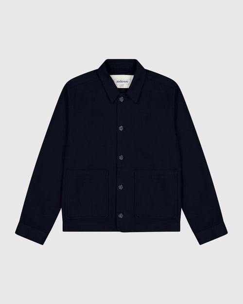 Anderson Chore Coat in navy, flat lay — 300gsm herringbone twill